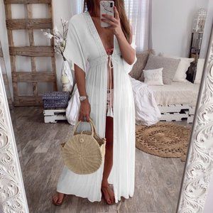 Playa Boho Beach Swim Cover-Up Kimono Sheer White Tie Front